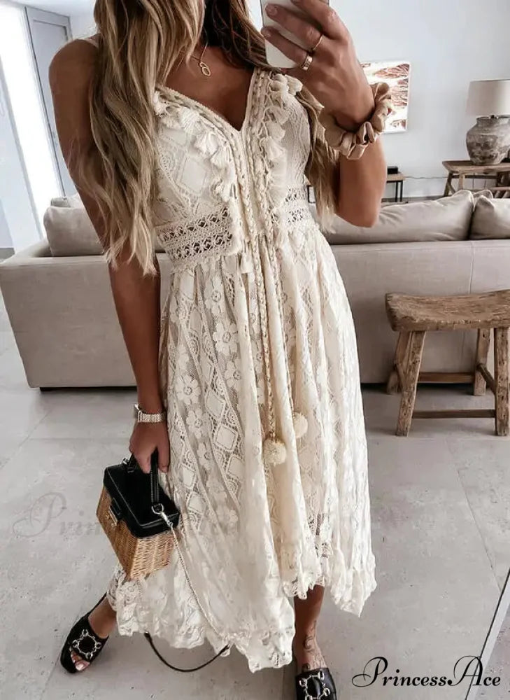 Beltless Sleeveless Plunging Neckline Fringe Lace Maxi White Bohemian Dress