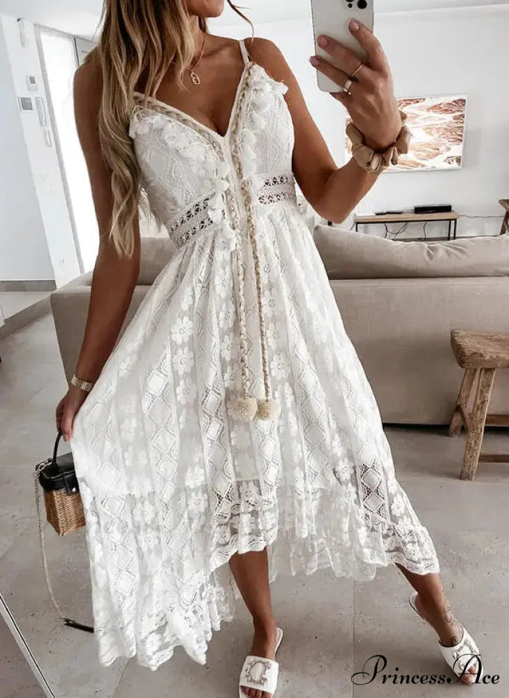 Beltless Sleeveless Plunging Neckline Fringe Lace Maxi White Bohemian Dress