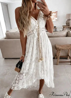 Beltless Sleeveless Plunging Neckline Fringe Lace Maxi White Bohemian Dress