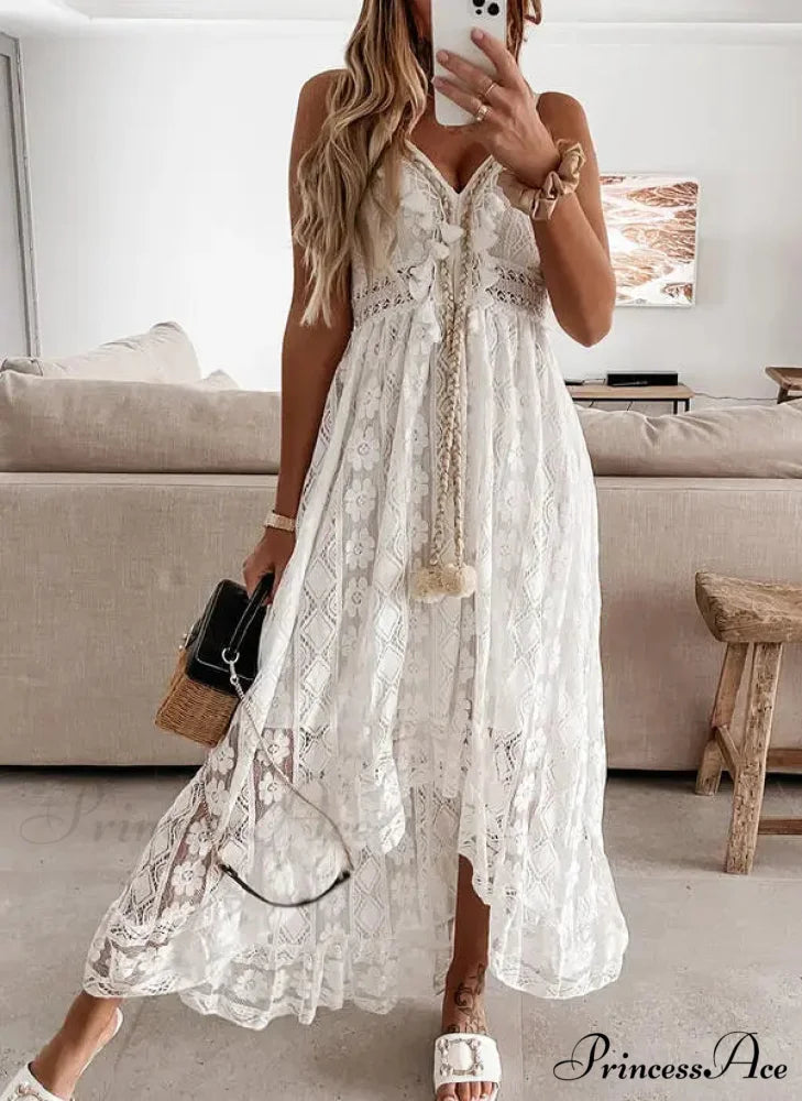Beltless Sleeveless Plunging Neckline Fringe Lace Maxi White Bohemian Dress
