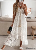 Beltless Sleeveless Plunging Neckline Fringe Lace Maxi White Bohemian Dress