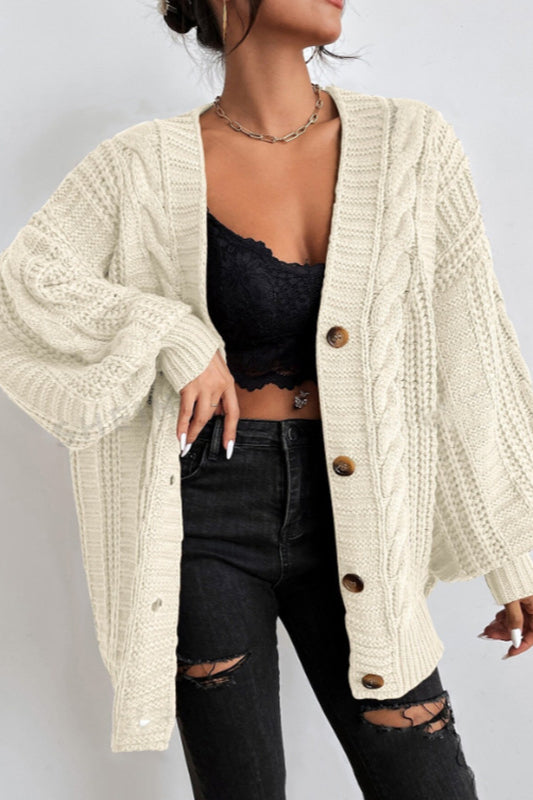 V-Neck Vintage Cable Knit Balloon Sleeve Cardigan