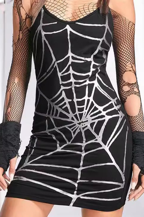 Sexy Strap Spider Print Mini Dress