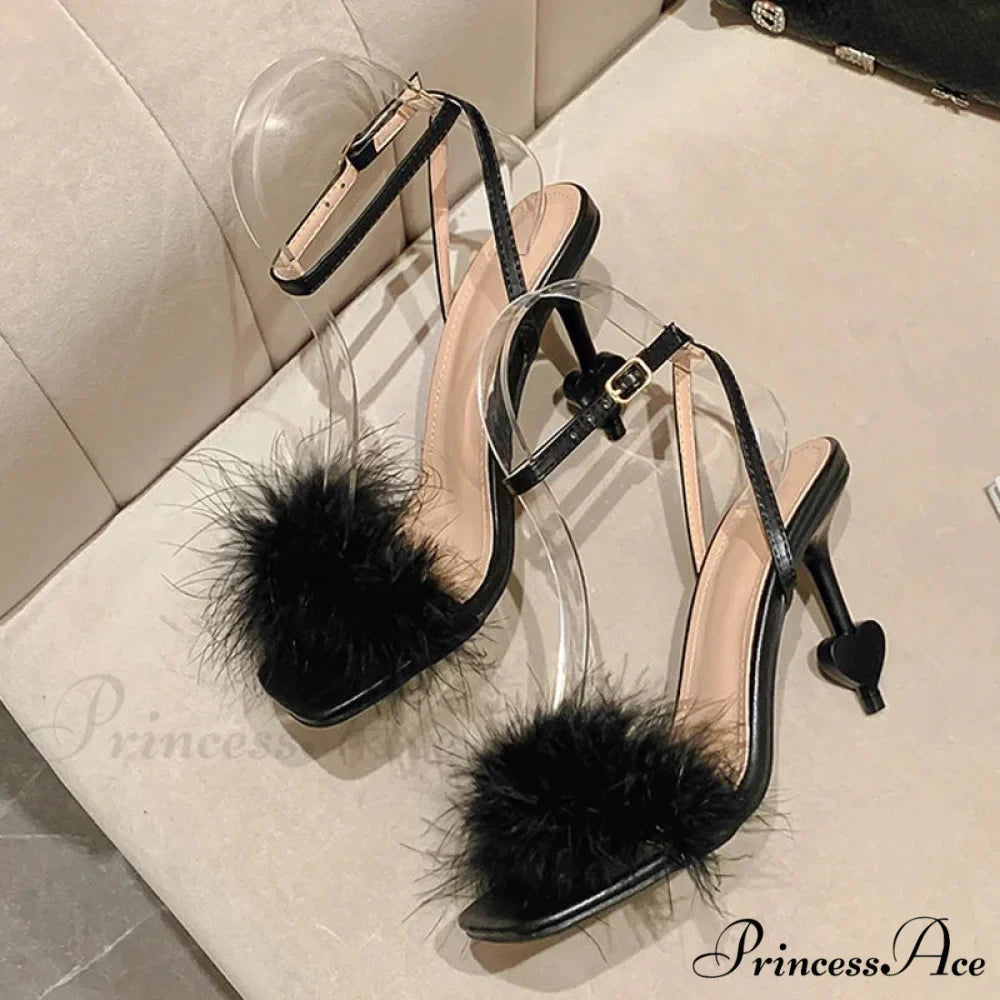 Big-Size 42 Sexy Ankle-Strap Strange High-Heels Fluffy-Feather Sandals Gladiator Square-Toe Party Dress High Heel
