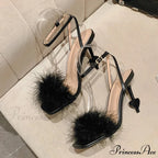 Big-Size 42 Sexy Ankle-Strap Strange High-Heels Fluffy-Feather Sandals Gladiator Square-Toe Party Dress High Heel
