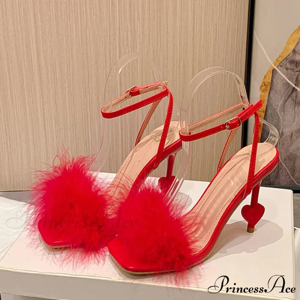 Big-Size 42 Sexy Ankle-Strap Strange High-Heels Fluffy-Feather Sandals Gladiator Square-Toe Party Dress High Heel
