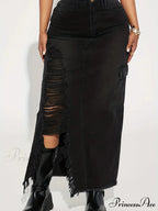 Black Flap Pockets Denim Midi Skirt Raw Hem Distressed Washed Cargo Denim Skirt Jean