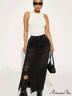 Black Flap Pockets Denim Midi Skirt Raw Hem Distressed Washed Cargo Denim Skirt Jean