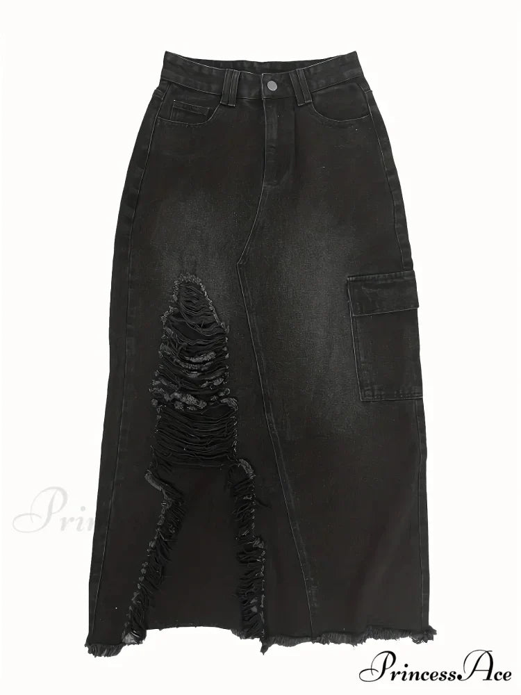 Black Flap Pockets Denim Midi Skirt Raw Hem Distressed Washed Cargo Denim Skirt Jean