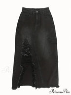 Black Flap Pockets Denim Midi Skirt Raw Hem Distressed Washed Cargo Denim Skirt Jean