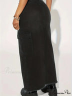 Black Flap Pockets Denim Midi Skirt Raw Hem Distressed Washed Cargo Denim Skirt Jean