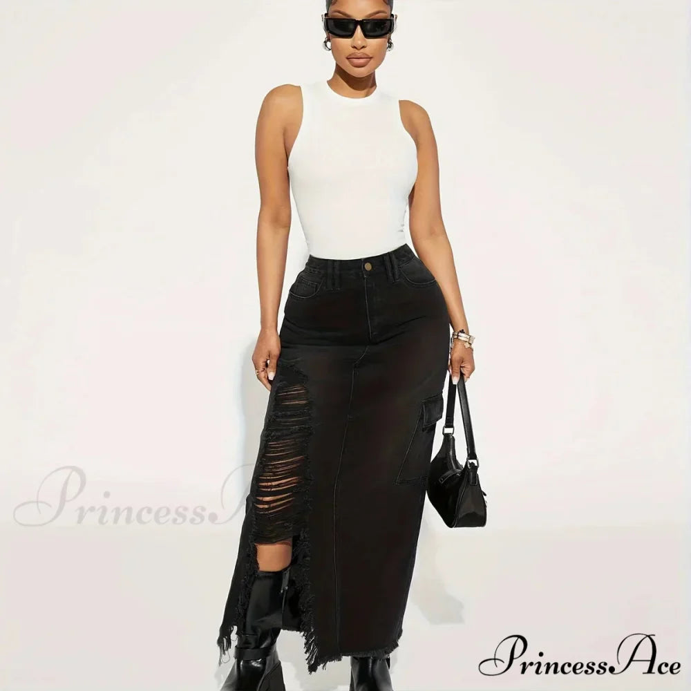 Black Flap Pockets Denim Midi Skirt Raw Hem Distressed Washed Cargo Denim Skirt Jean