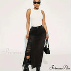 Black Flap Pockets Denim Midi Skirt Raw Hem Distressed Washed Cargo Denim Skirt Jean