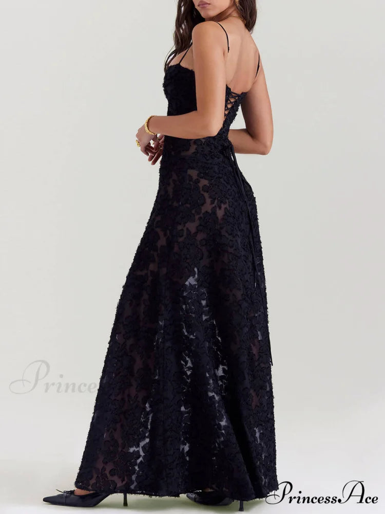 Black Floral Lace Charming Back Maxi Dress