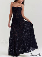 Black Floral Lace Charming Back Maxi Dress