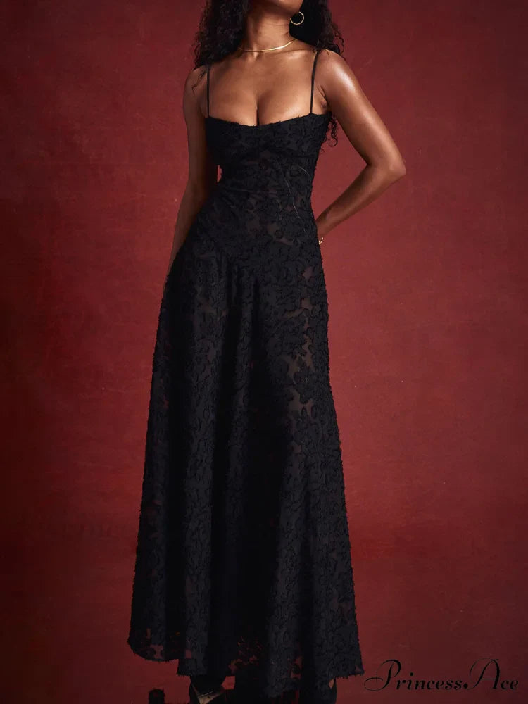 Black Floral Lace Charming Back Maxi Dress