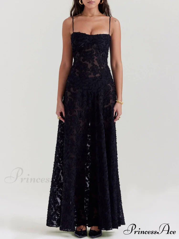 Black Floral Lace Charming Back Maxi Dress