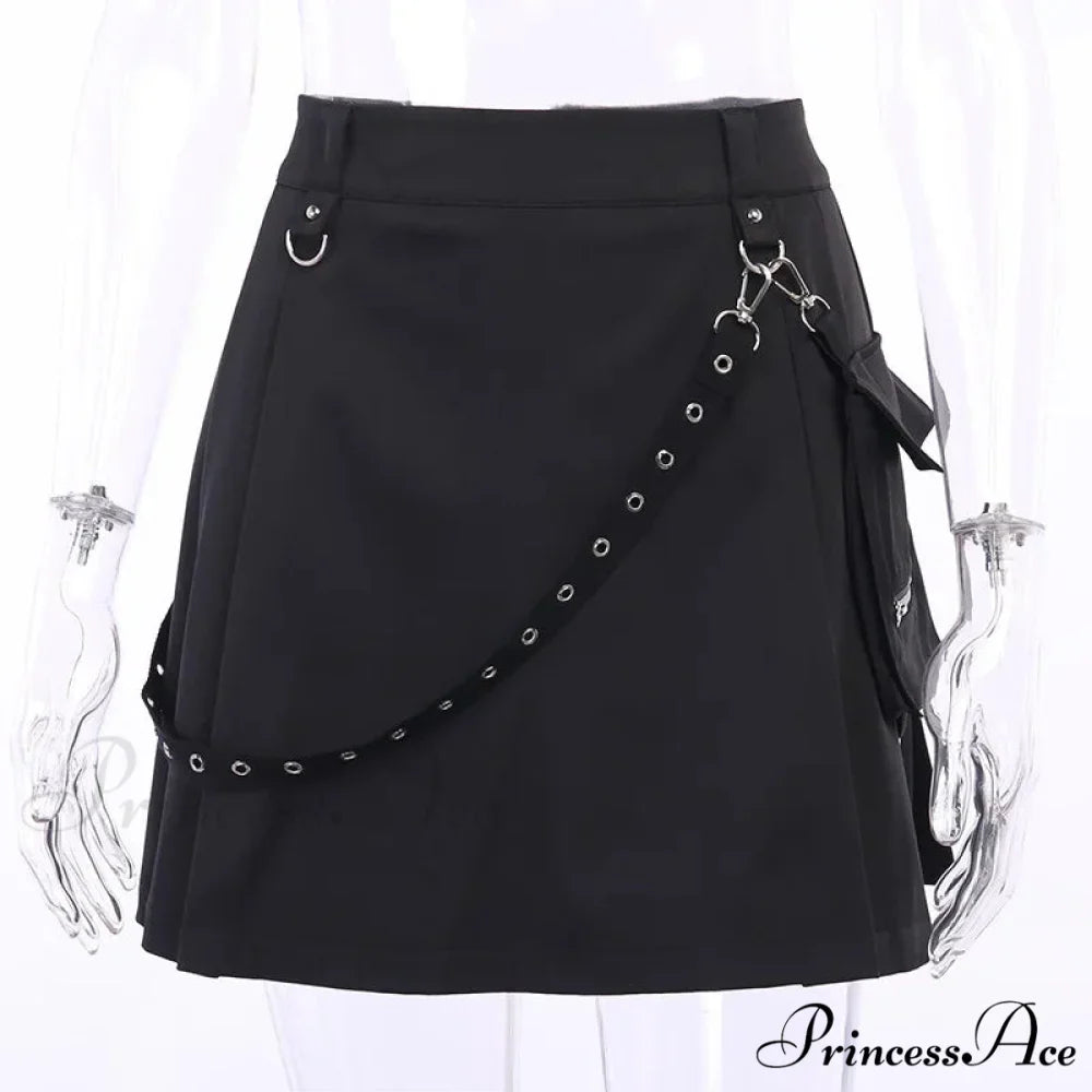 Black Functional Irregular Pleated A-line High Waist Tooling Waist Chain Gothic Harajuku Y2k Goth Skirt