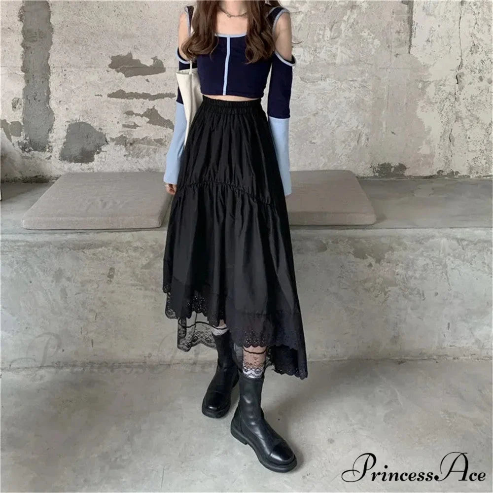 Black Gothic Lace Stitching Irregular Pleated Skirt