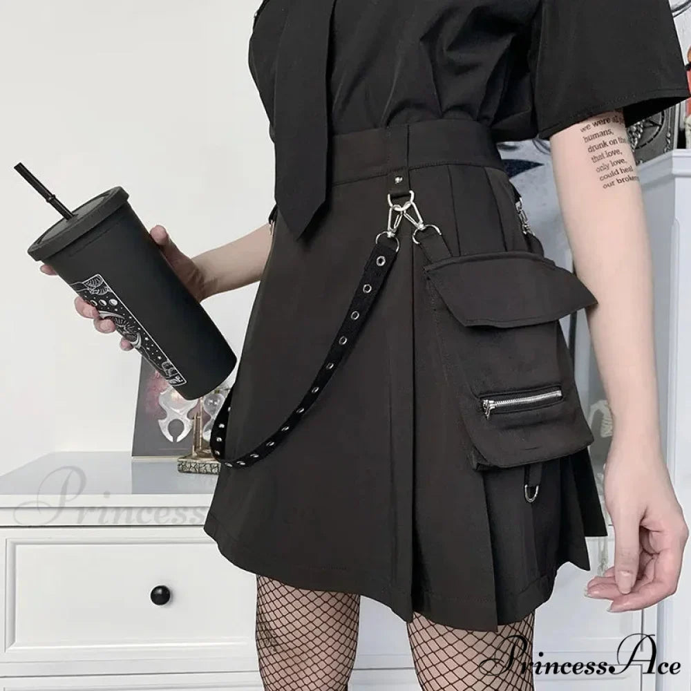 Black Harajuku Gothic High Waist Sexy Patchwork Bandage Mini Skirt