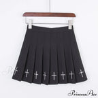 Black High Waist Pleated Vintage Gothic Streetwear Cross Print Skirt