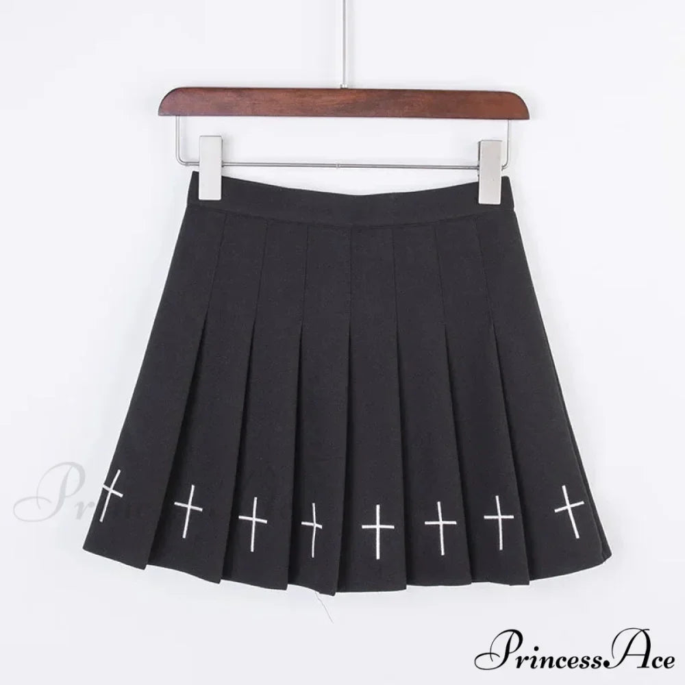 Black High Waist Pleated Vintage Gothic Streetwear Cross Print Skirt