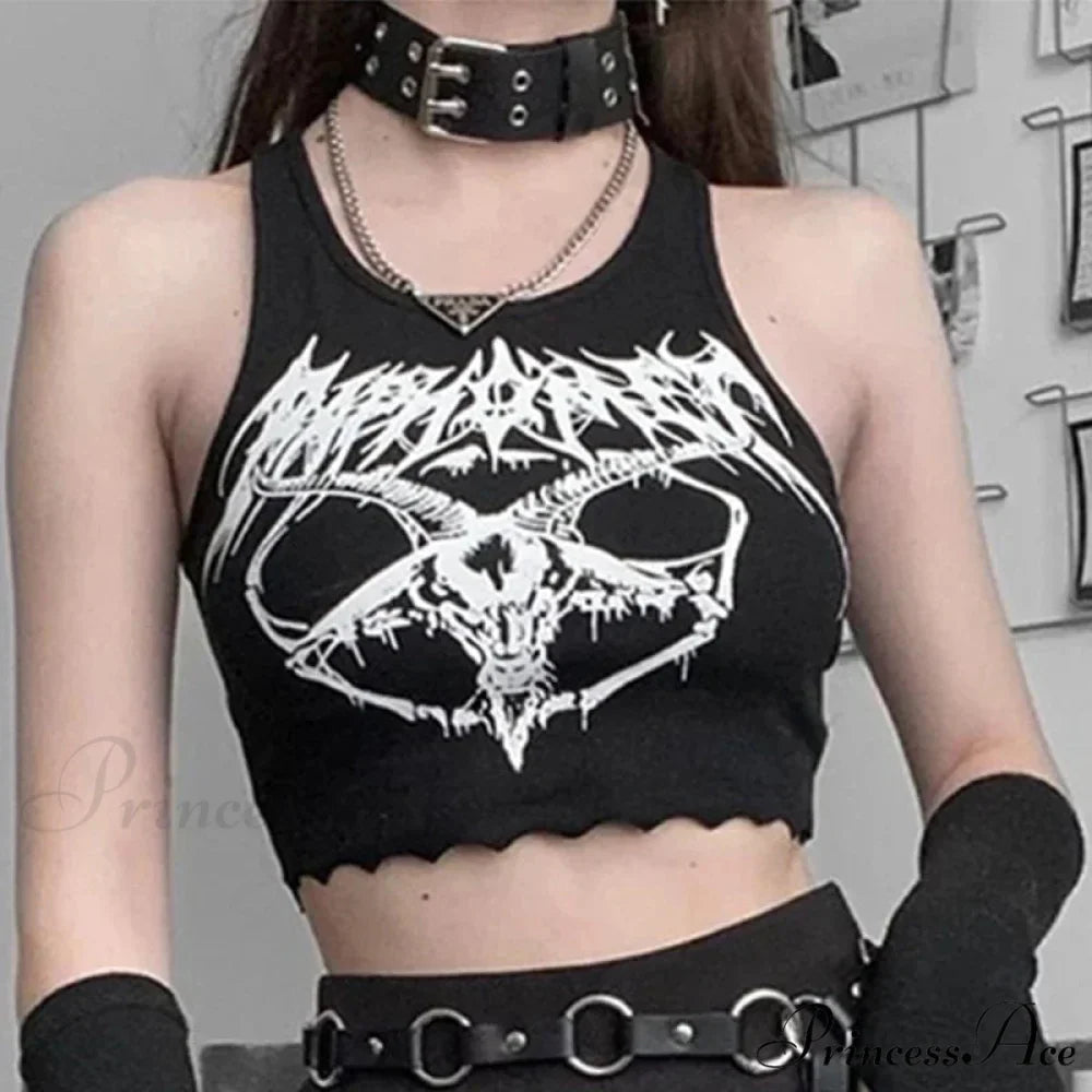 Black Knitted Grunge Punk Goth Goat Head Print Summer Sexy Sleeveless O-neck Crop Top