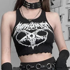 Black Knitted Grunge Punk Goth Goat Head Print Summer Sexy Sleeveless O-neck Crop Top