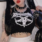 Black Knitted Grunge Punk Goth Goat Head Print Summer Sexy Sleeveless O-neck Crop Top