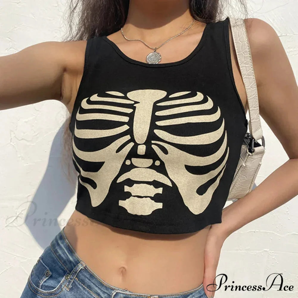 Black Knitted Grunge Punk Goth Goat Head Print Summer Sexy Sleeveless O-neck Crop Top