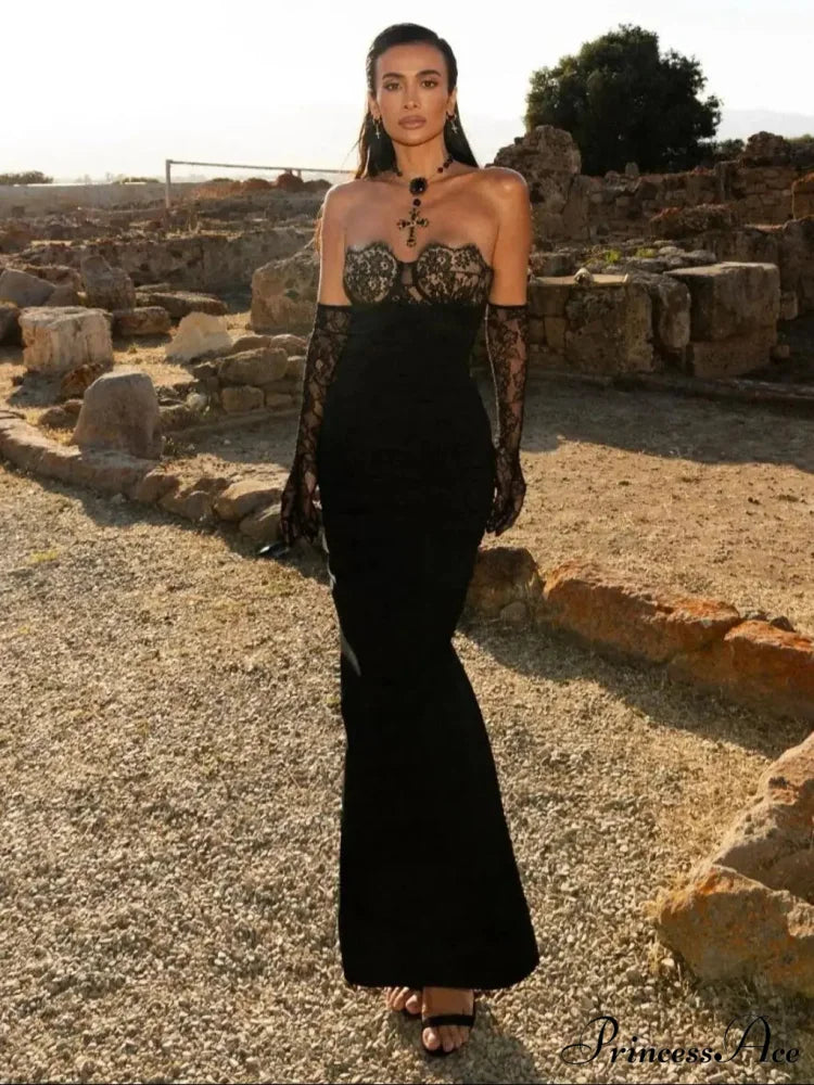 Black Lace Patchwork Strapless Party Dress