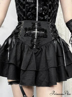 Black Lace Trim Cross Lace-up Mini Vintage Sexy A-Line Layered Short Women Summer Autumn Skirt