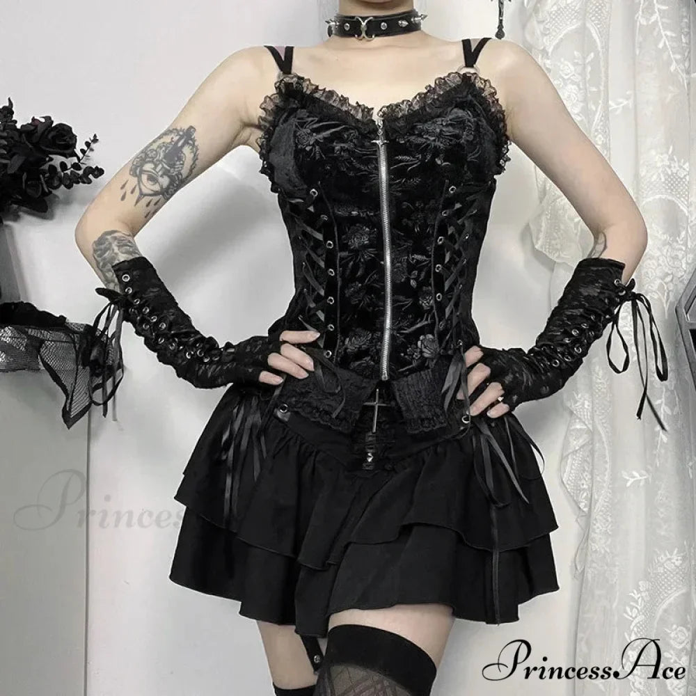 Black Lace Trim Cross Lace-up Mini Vintage Sexy A-Line Layered Short Women Summer Autumn Skirt