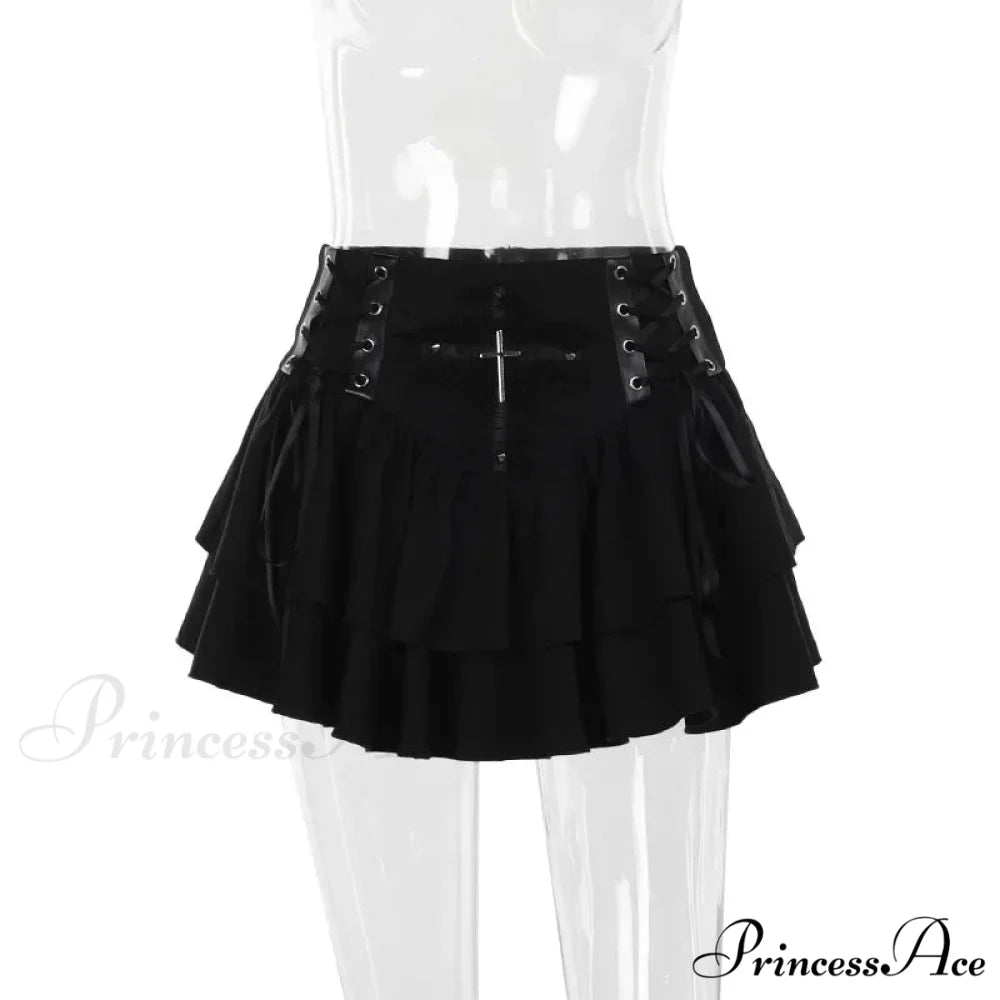 Black Lace Trim Cross Lace-up Mini Vintage Sexy A-Line Layered Short Women Summer Autumn Skirt