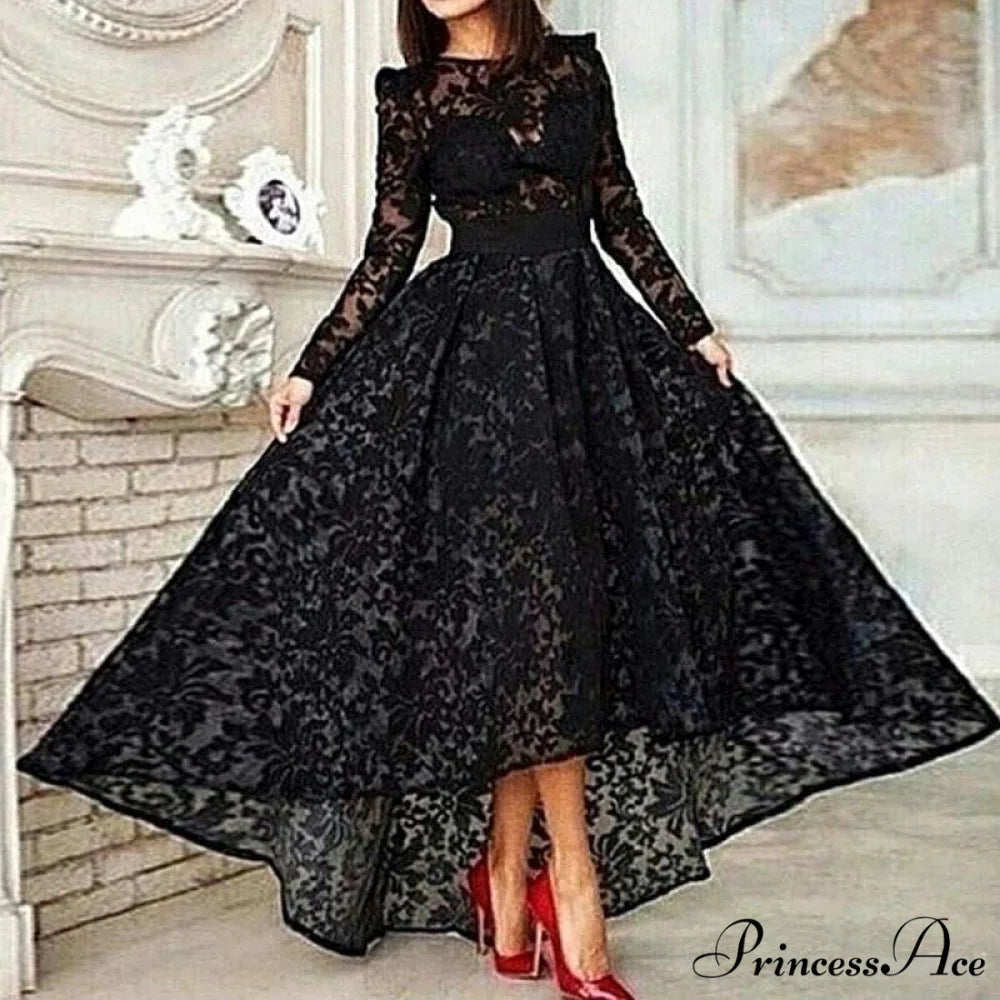 Black Long Sleeves Tea Length Lace Elegant Evening Gown