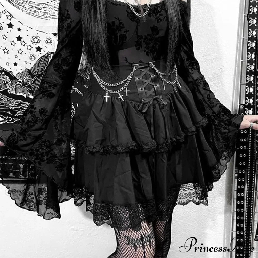 Black Mini Gothic Sexy Cute Women Drawstring Folds High Waist Irregular Ruffle Patchwork Fairycore Skirt