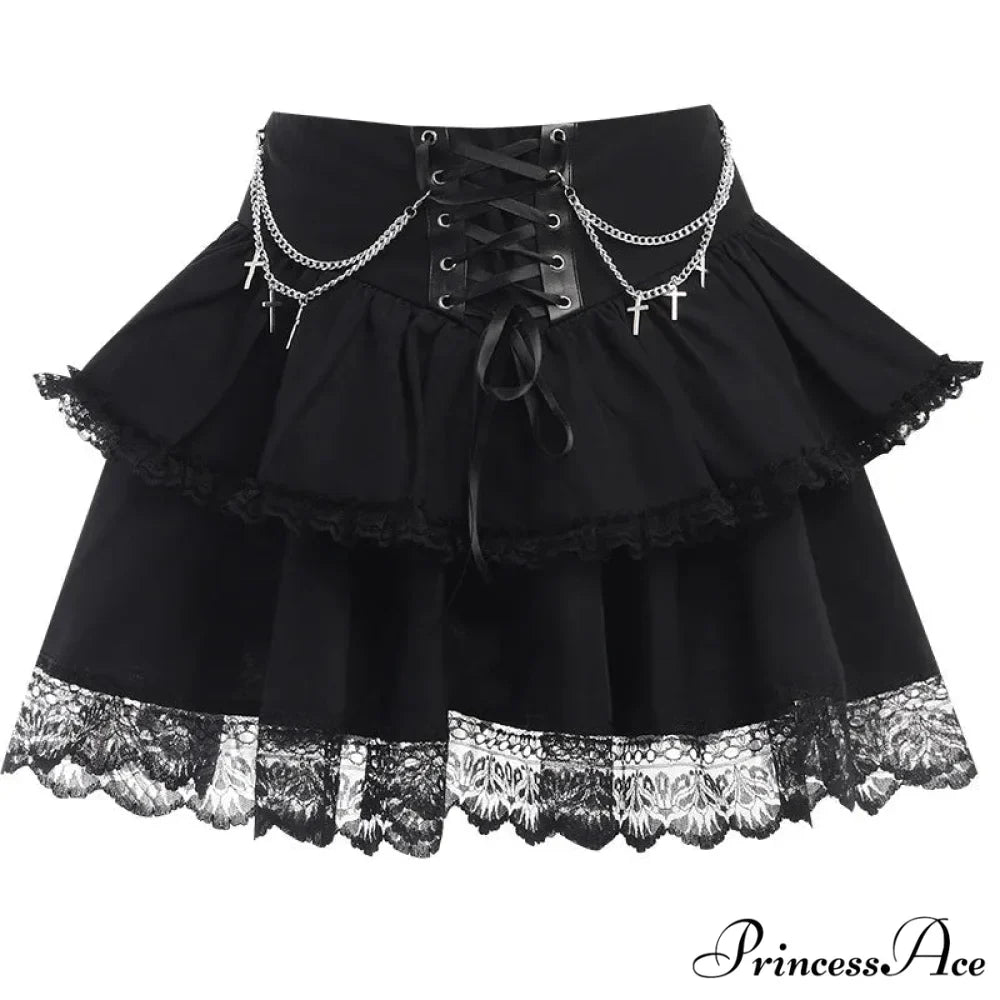 Black Mini Gothic Sexy Cute Women Drawstring Folds High Waist Irregular Ruffle Patchwork Fairycore Skirt