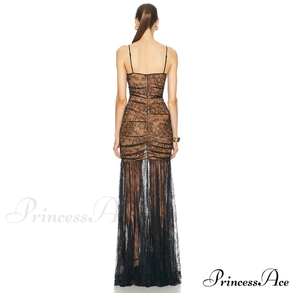 Black Pleated Lace Halter Party Dress