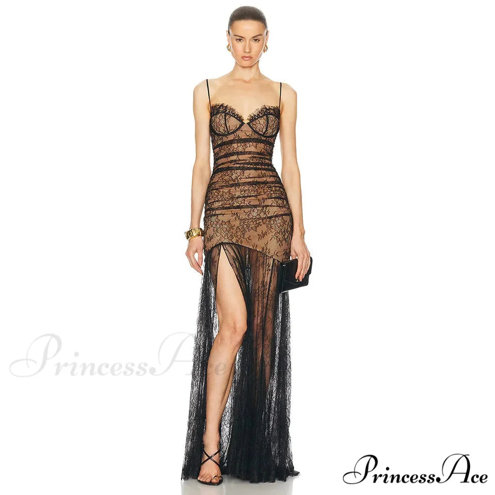 Black Pleated Lace Halter Party Dress