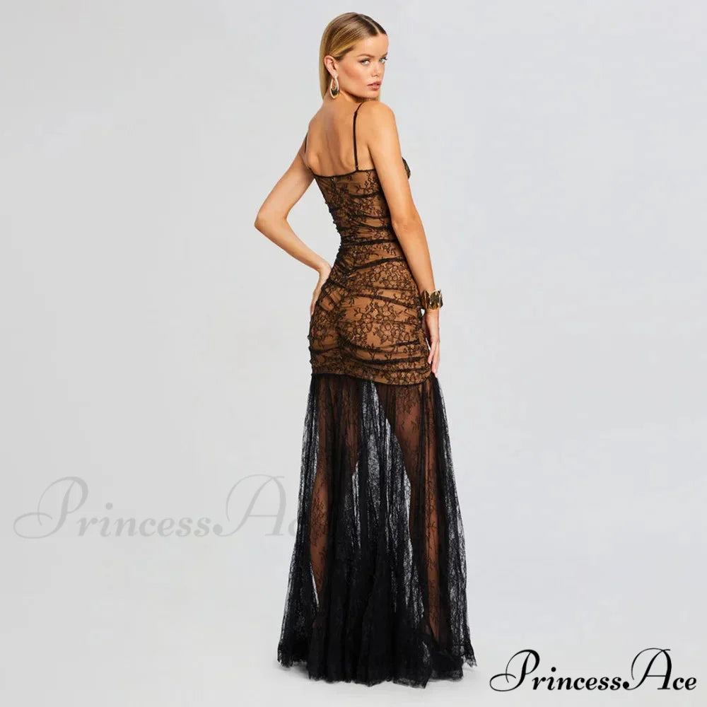 Black Pleated Lace Halter Party Dress