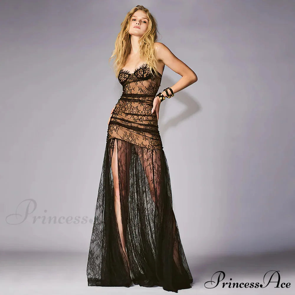 Black Pleated Lace Halter Party Dress