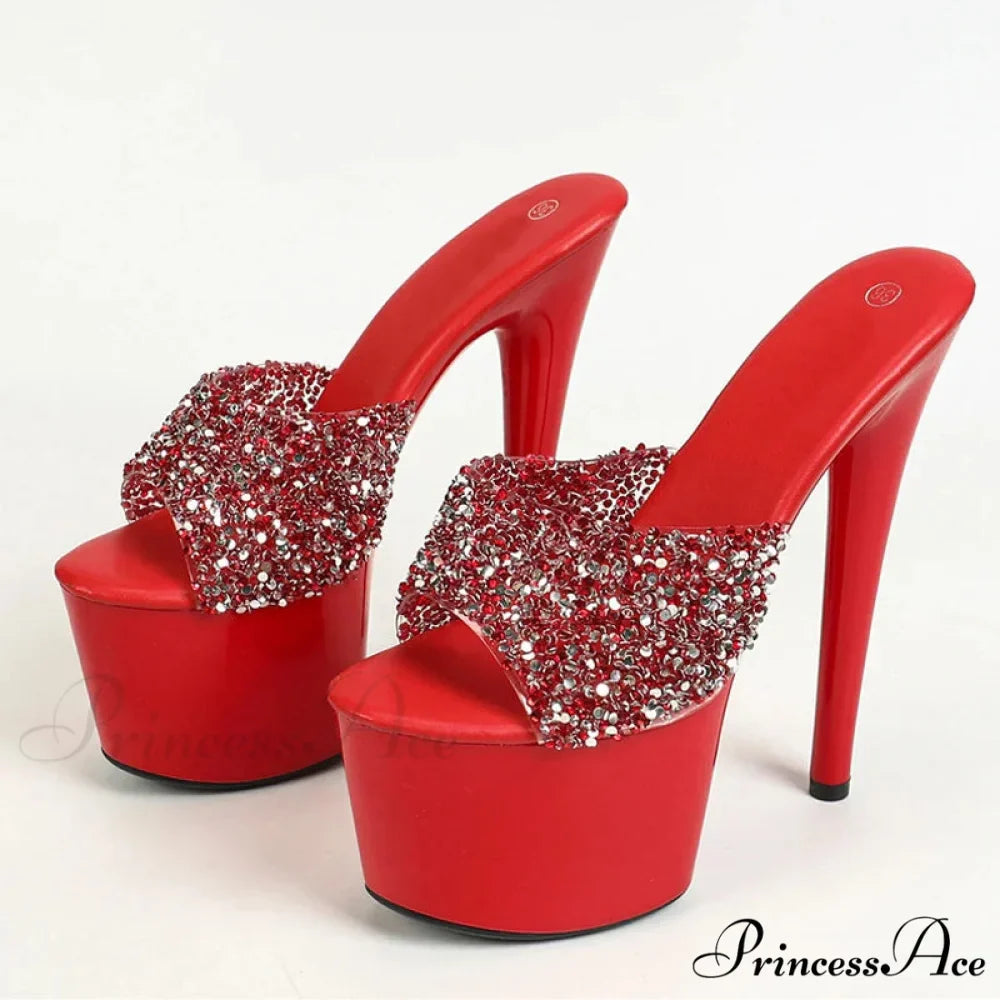 Black Red Sequined Transparent Platform Peep-Toe SexyFashionable Slippers Stripper High Heel