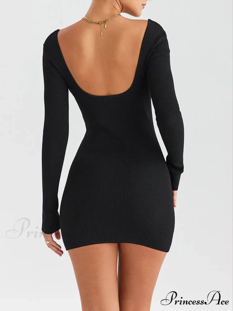 Black Ribbed Stylish Knit Mini Dress