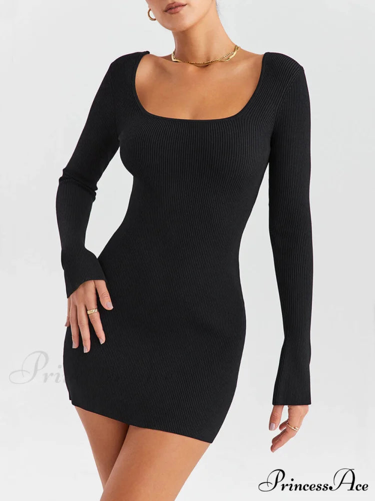 Black Ribbed Stylish Knit Mini Dress