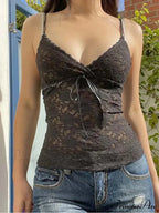 Black See Through Lace Sleeveless V Neck Sexy Summer Y2K Aesthetic Gothic Crop Top