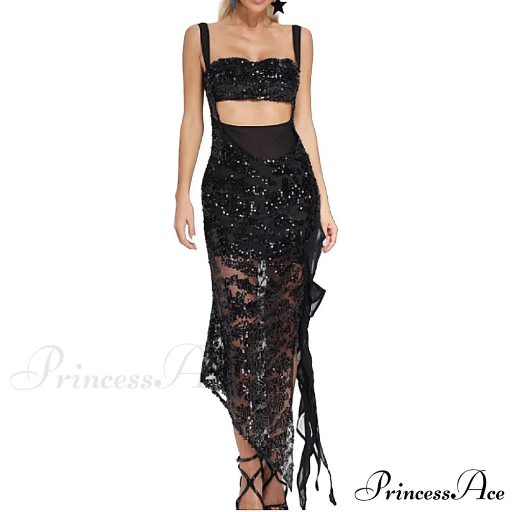 Black Sequins Spaghetti Strap Party Dress