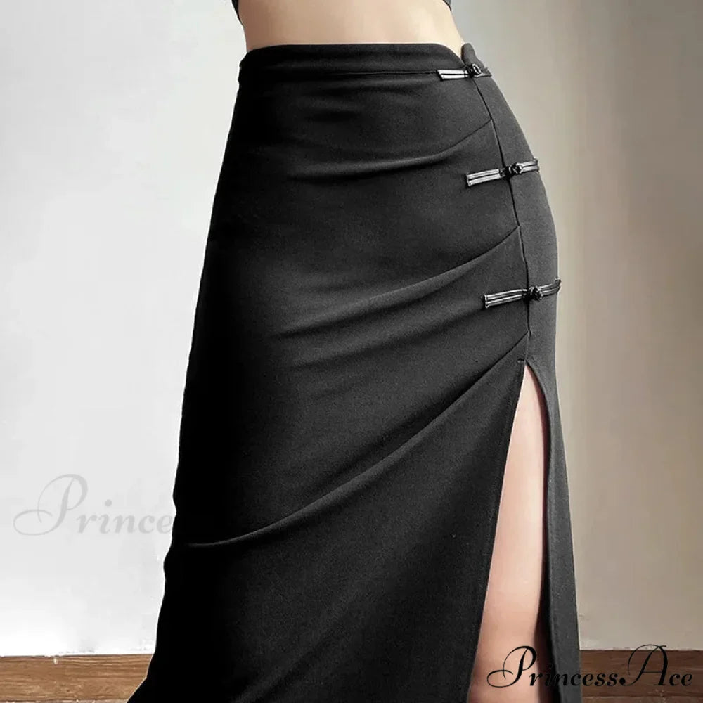 Black Sexy Women A-line Slits High Waist Slim Hip-covering Solid Mid-length Long Streetwear Skirt