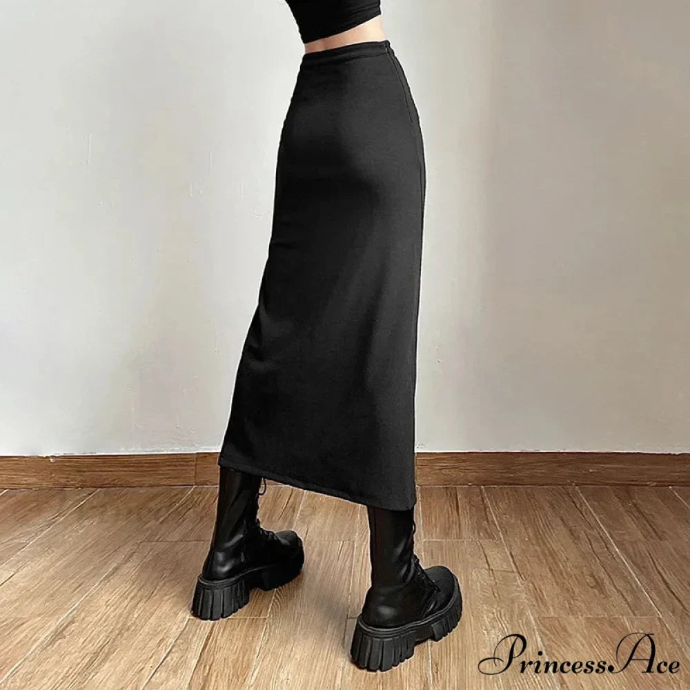Black Sexy Women A-line Slits High Waist Slim Hip-covering Solid Mid-length Long Streetwear Skirt