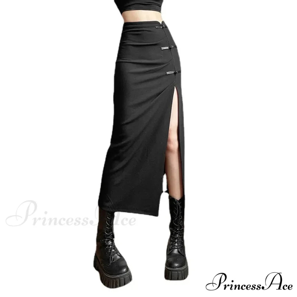 Black Sexy Women A-line Slits High Waist Slim Hip-covering Solid Mid-length Long Streetwear Skirt