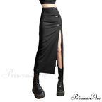 Black Sexy Women A-line Slits High Waist Slim Hip-covering Solid Mid-length Long Streetwear Skirt